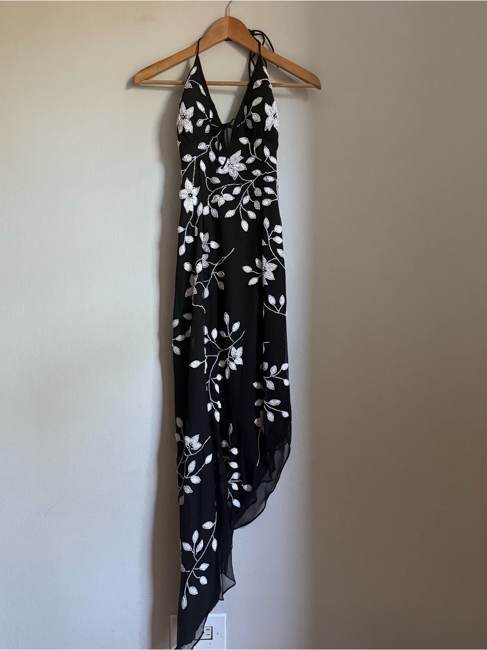Cache Y2K Black Silk Halter Maxi Dress Floral Beaded Sequin Asymmetric Hem S